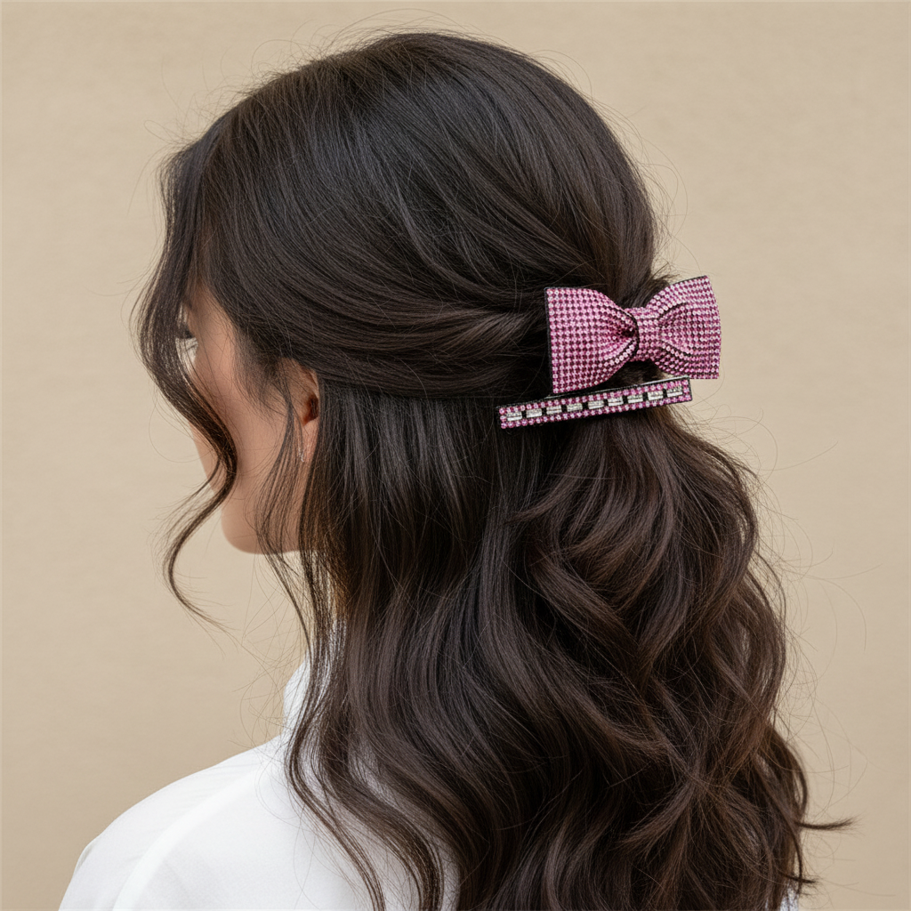 Sparkling Rhinestone Bow and Barrette Hair Clip Set - 2 Piece Gift Card (HP-10886M)