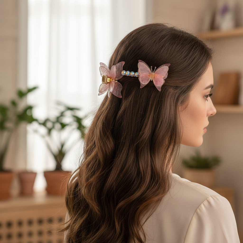 Butterfly & Iridescent Rhinestone Hair Clip Set – 2 Piece Floral Hair Accessories  (HP-10887M)