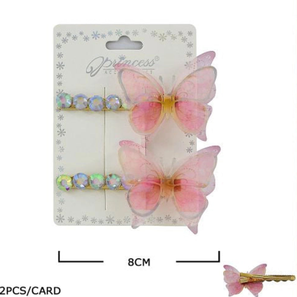 Butterfly & Iridescent Rhinestone Hair Clip Set – 2 Piece Floral Hair Accessories  (HP-10887M)