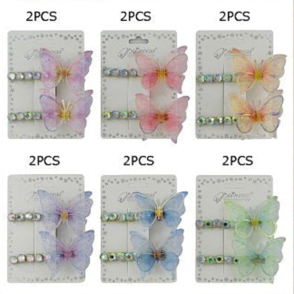 Butterfly & Iridescent Rhinestone Hair Clip Set – 2 Piece Floral Hair Accessories  (HP-10887M)