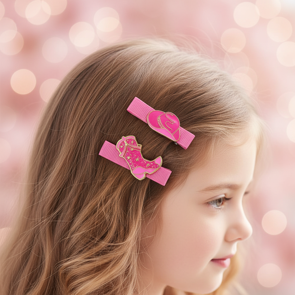 Western Cowgirl Hair Clips Set – 2-Piece Enamel Cowboy Hat & Boot Barrettes (HP-10899M)