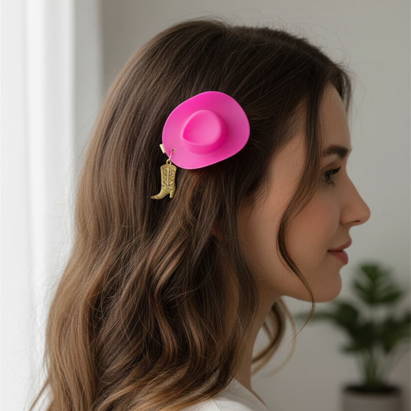 Mini Cowboy Hat Hair Clips with Gold Cowboy Boot Charms – Cute Western Barrette Set for Western Theme Parties, Festivals, & Costumes (5.8 cm) (HP-10900M)