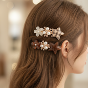 Pearl Flower & Plaid Star Hair Clips – Elegant Vintage Hair Barrettes with Rhinestone Accents, 3PCS/Card (HP-29257AT)