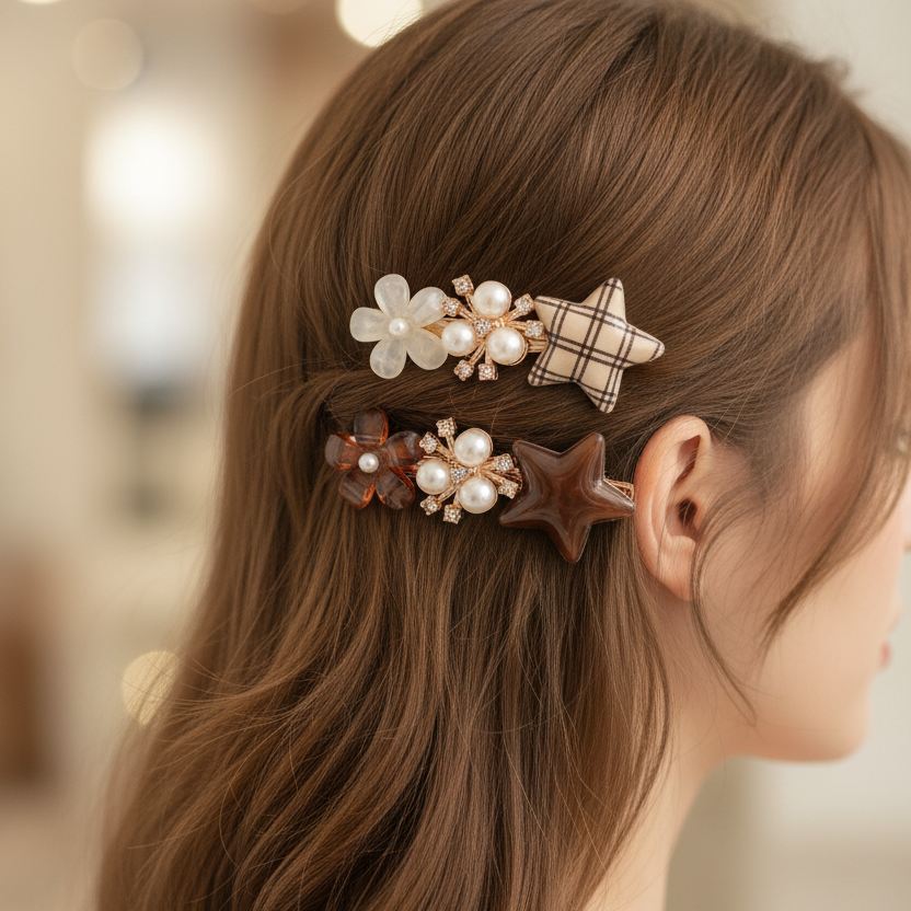 Pearl Flower & Plaid Star Hair Clips – Elegant Vintage Hair Barrettes with Rhinestone Accents, 3PCS/Card (HP-29257AT)