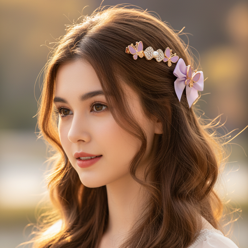 Butterfly Rhinestone Hair Clips with Pearl & Bow – Elegant Butterfly Barrettes for Girls & Women, 3PCS/Card (HP-29258AT)