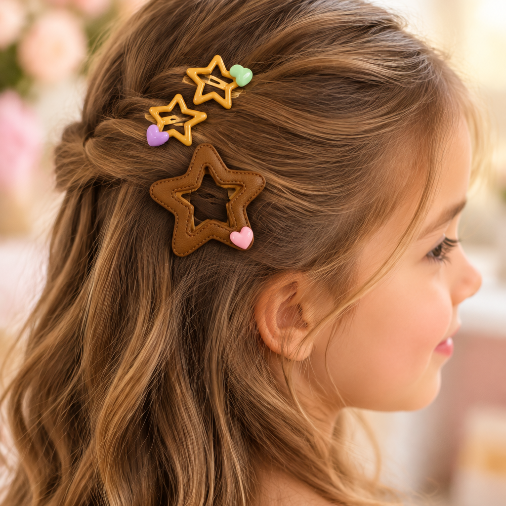 Open Star Hair Clip Set with Heart Charms – 3-Piece Card (HP-29317ST)