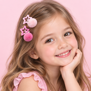 Star Hair Clip Set with Fluffy Pom Poms – 4-Piece Card (HP-29321ST)