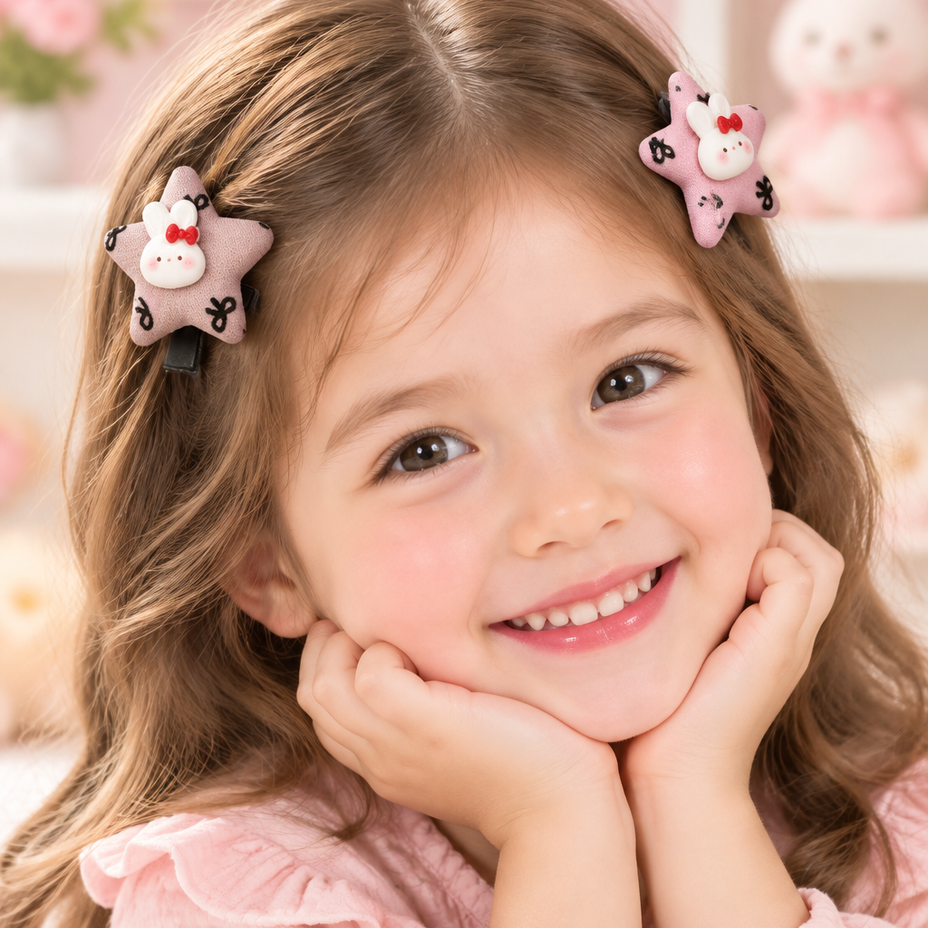 Cute Star Hair Clip Set – Plush Star Barrettes with Bunny & Flower Charms 4-Piece Set (HP-30015AT)