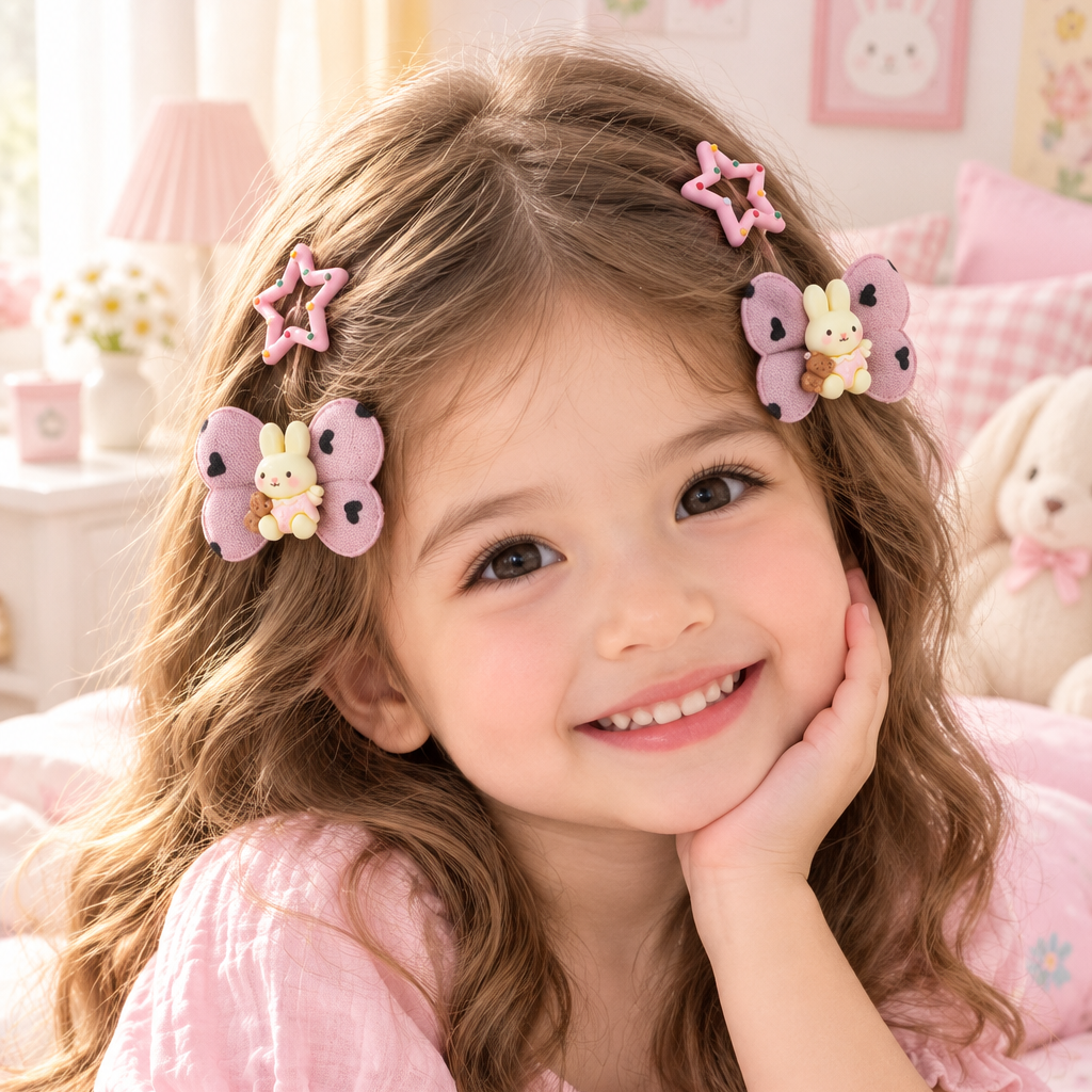 Cute Bunny & Star Hair Clip Set – Felt Bow Barrettes with Bear & Bunny Charm (HP-30016AT)