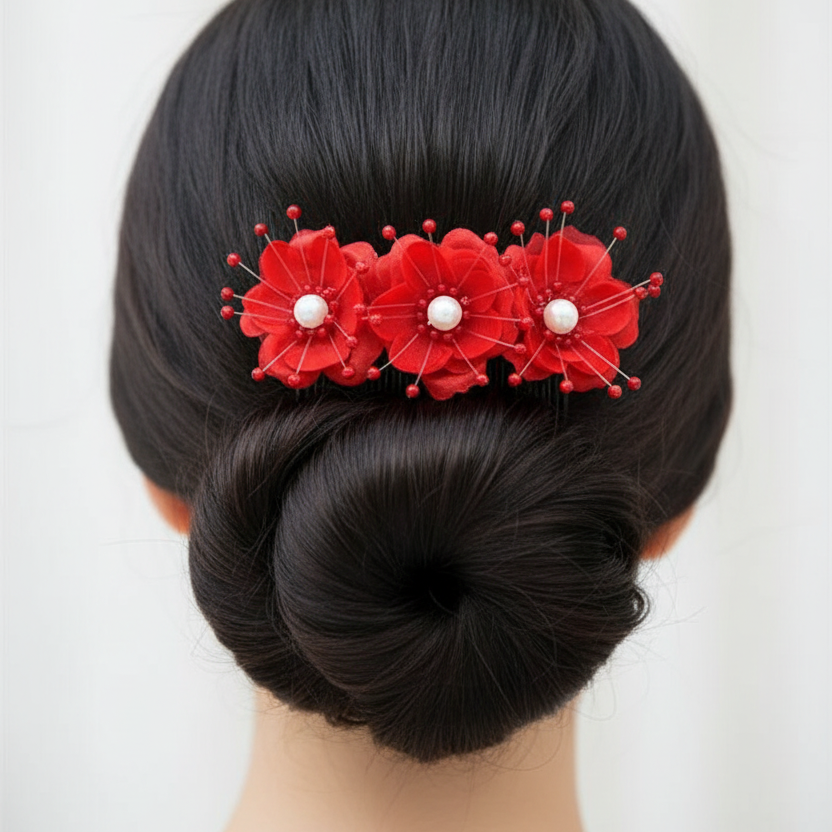 3-Piece Floral Hair Side Comb Set with Pearls and Beaded Accents – 10cm (HPC-10063M)