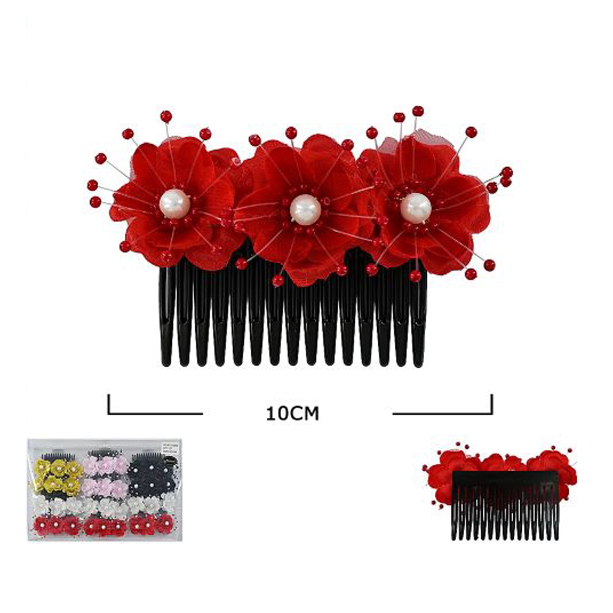 3-Piece Floral Hair Side Comb Set with Pearls and Beaded Accents – 10cm (HPC-10063M)