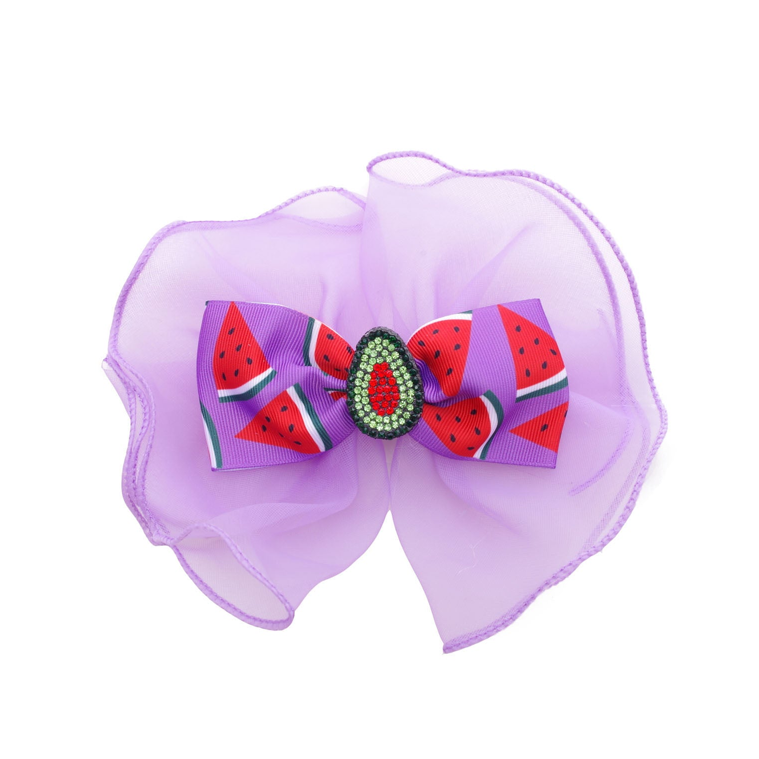 Sweet Summer Sparkle: Beaded Watermelon Print Tulle Hair Bow Clips