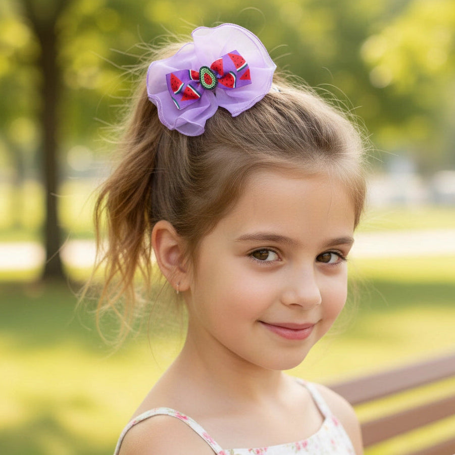 Sweet Summer Sparkle: Beaded Watermelon Print Tulle Hair Bow Clips