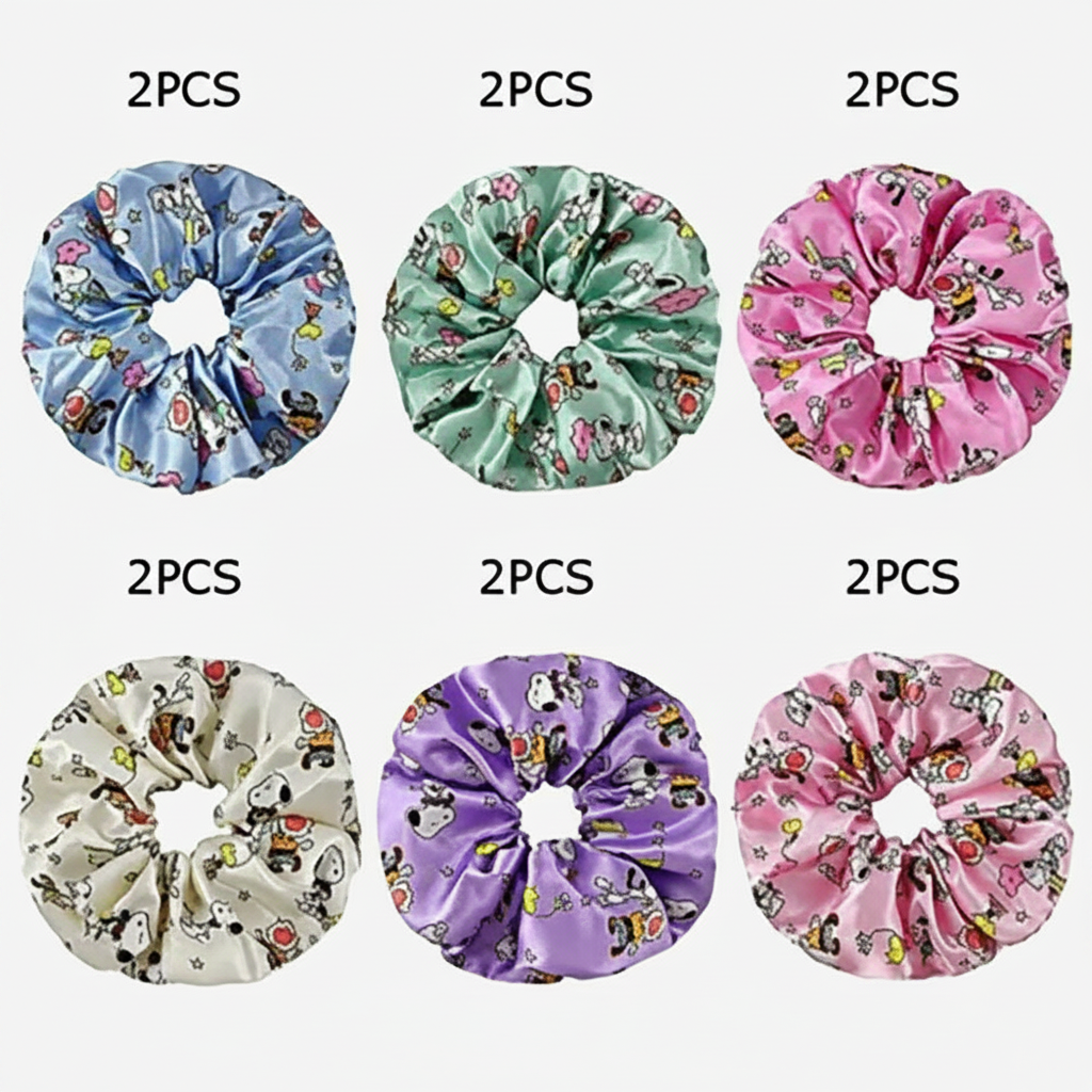 Oversized Satin Scrunchies Set, 14cm Jumbo Cartoon Print Hair Ties | Cute Silk-Feel Elastic Hair Bands for Women & Girls (HS-10757M)