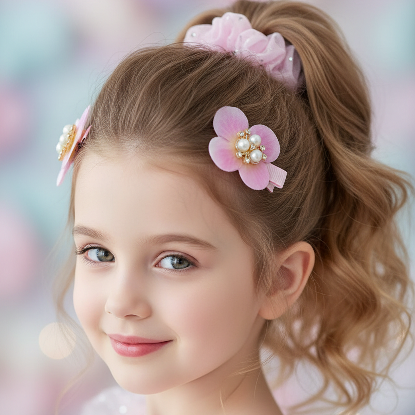 Girls Pearl Floral Hair Clip & Scrunchie Set (4-Piece Set) | Sparkly Rhinestone Flower Alligator Clips & Organza Hair Tie Set for Toddlers, Kids, & Girls (HS-10772S)