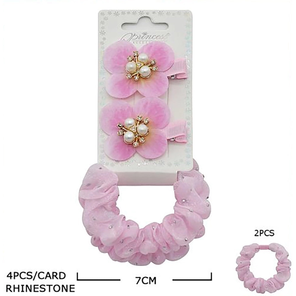 Girls Pearl Floral Hair Clip & Scrunchie Set (4-Piece Set) | Sparkly Rhinestone Flower Alligator Clips & Organza Hair Tie Set for Toddlers, Kids, & Girls (HS-10772S)