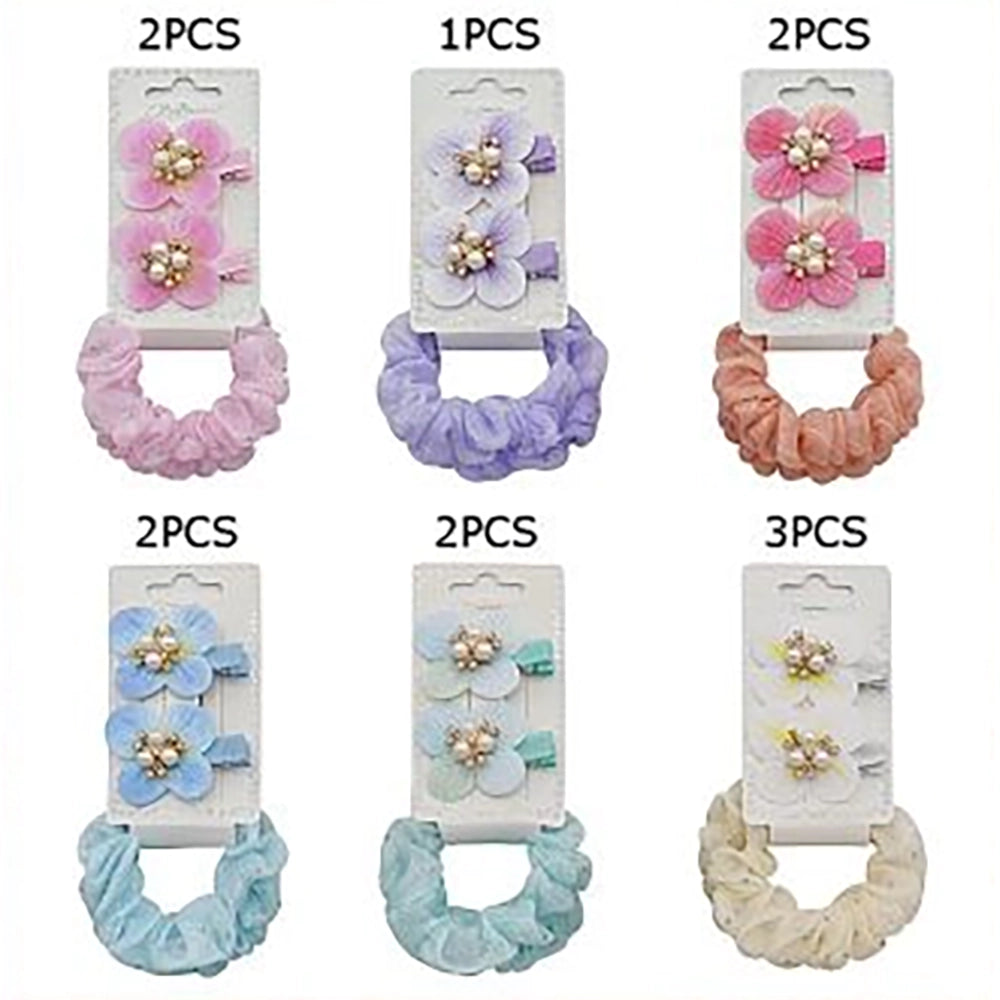 Girls Pearl Floral Hair Clip & Scrunchie Set (4-Piece Set) | Sparkly Rhinestone Flower Alligator Clips & Organza Hair Tie Set for Toddlers, Kids, & Girls (HS-10772S)