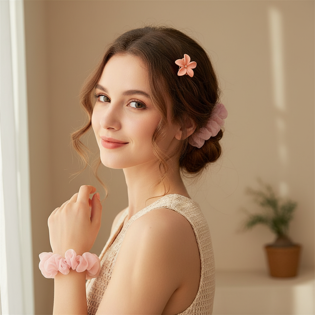Floral Plumeria Hair Claw Clips & Organza Scrunchie Set | Pastel Flower Hair Accessories Set (HS-50260S)
