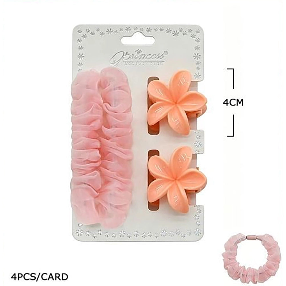 Floral Plumeria Hair Claw Clips & Organza Scrunchie Set | Pastel Flower Hair Accessories Set (HS-50260S)