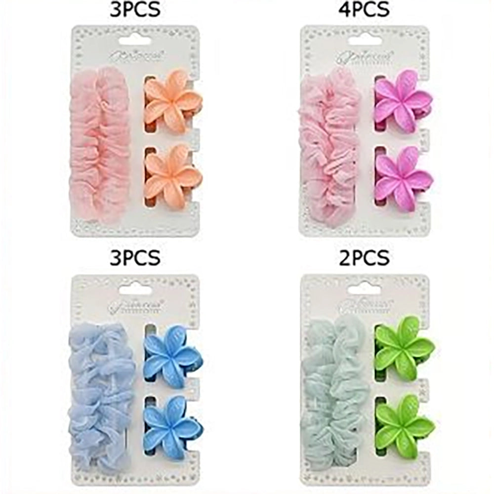 Floral Plumeria Hair Claw Clips & Organza Scrunchie Set | Pastel Flower Hair Accessories Set (HS-50260S)