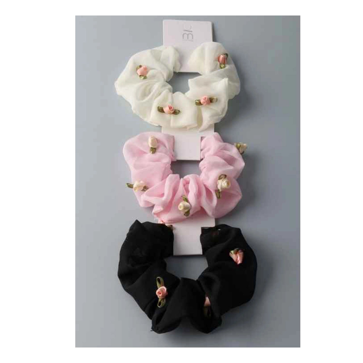 Elegant Satin Rose Chiffon Scrunchie Trio – Floral Hair Accessory Set (HS10349)