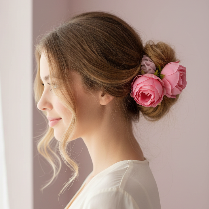 Floral Scrunchies Hair Ties with Large Silk Rose Blossoms (12-Piece Bulk Pack) – Elegant Organza Elastic Ponytail Holder (HSF-2001S)