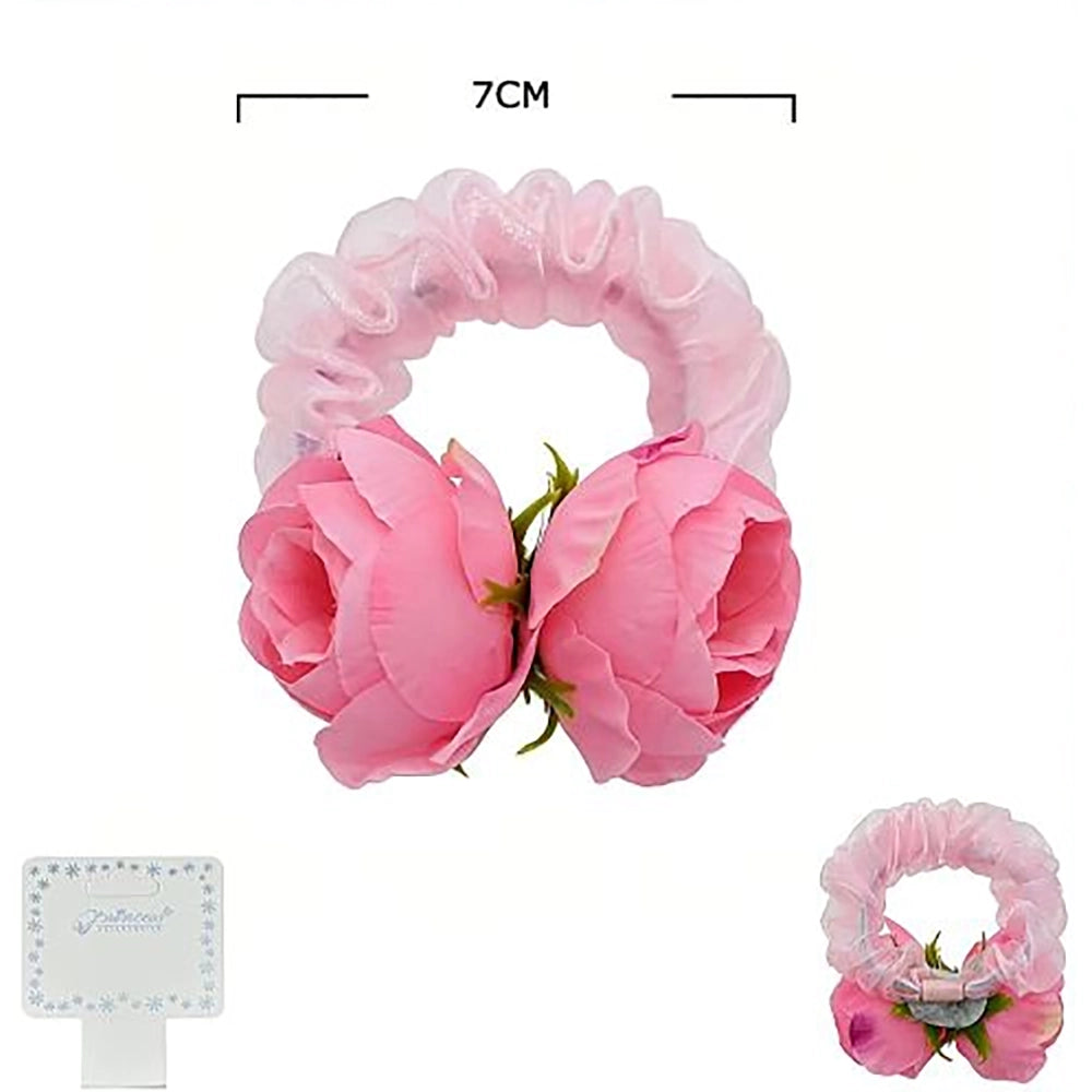 Floral Scrunchies Hair Ties with Large Silk Rose Blossoms (12-Piece Bulk Pack) – Elegant Organza Elastic Ponytail Holder (HSF-2001S)