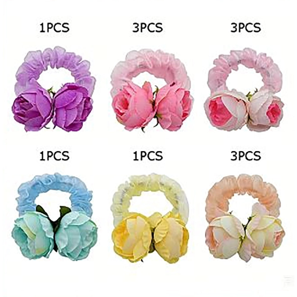 Floral Scrunchies Hair Ties with Large Silk Rose Blossoms (12-Piece Bulk Pack) – Elegant Organza Elastic Ponytail Holder (HSF-2001S)