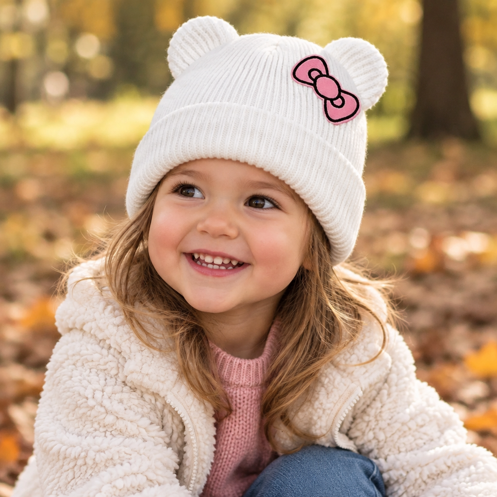 Cute Kitty Ears Knit Beanie Cap with Bow Patch – Folded Cuff Winter Hat (HTK-1010)
