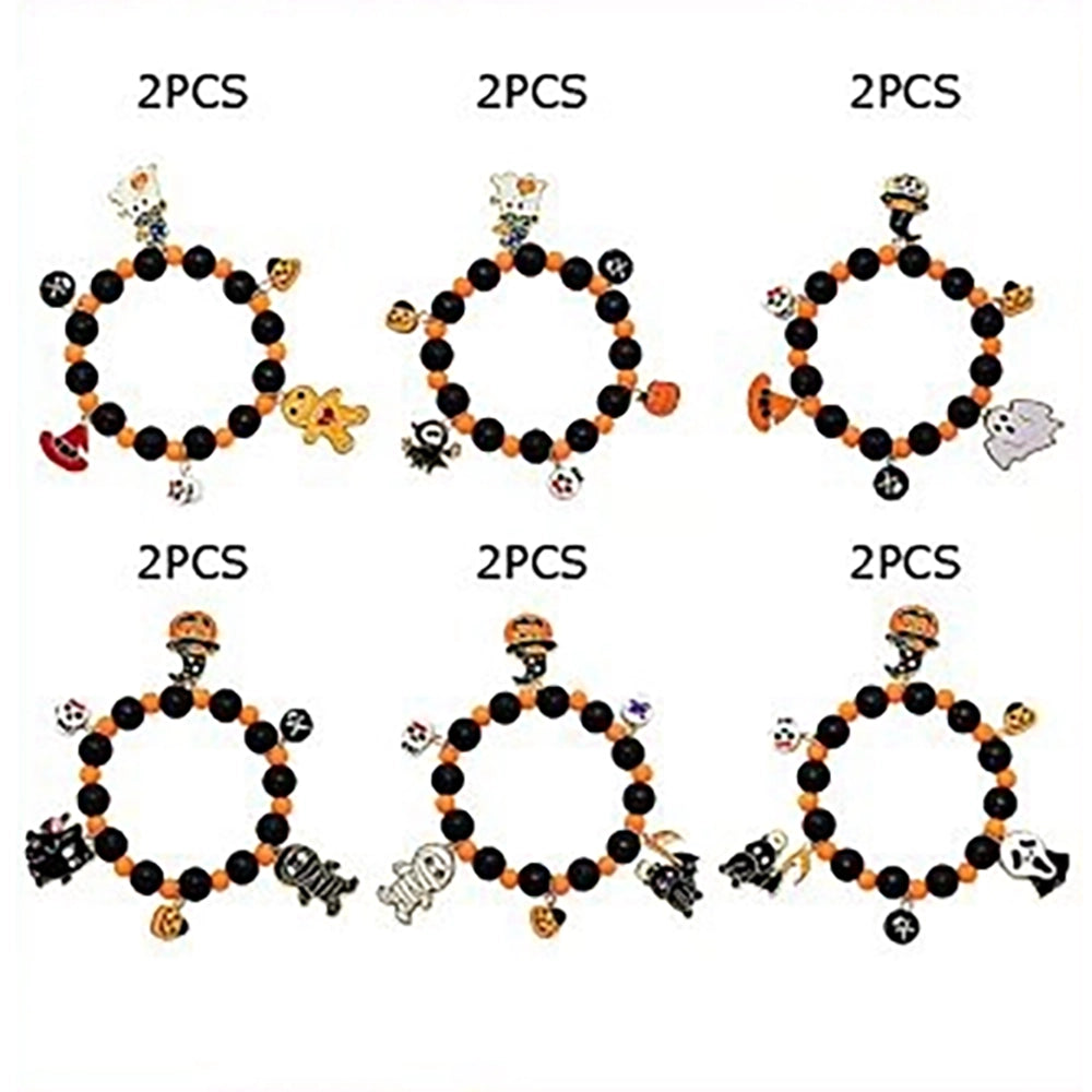 Halloween Charm Beaded Bracelet Set – Spooky Elastic Beaded Stretch Bracelets with Pumpkin, Ghost, Mummy & Reaper Charms (12-Piece Party Favors) HWBRC-1014