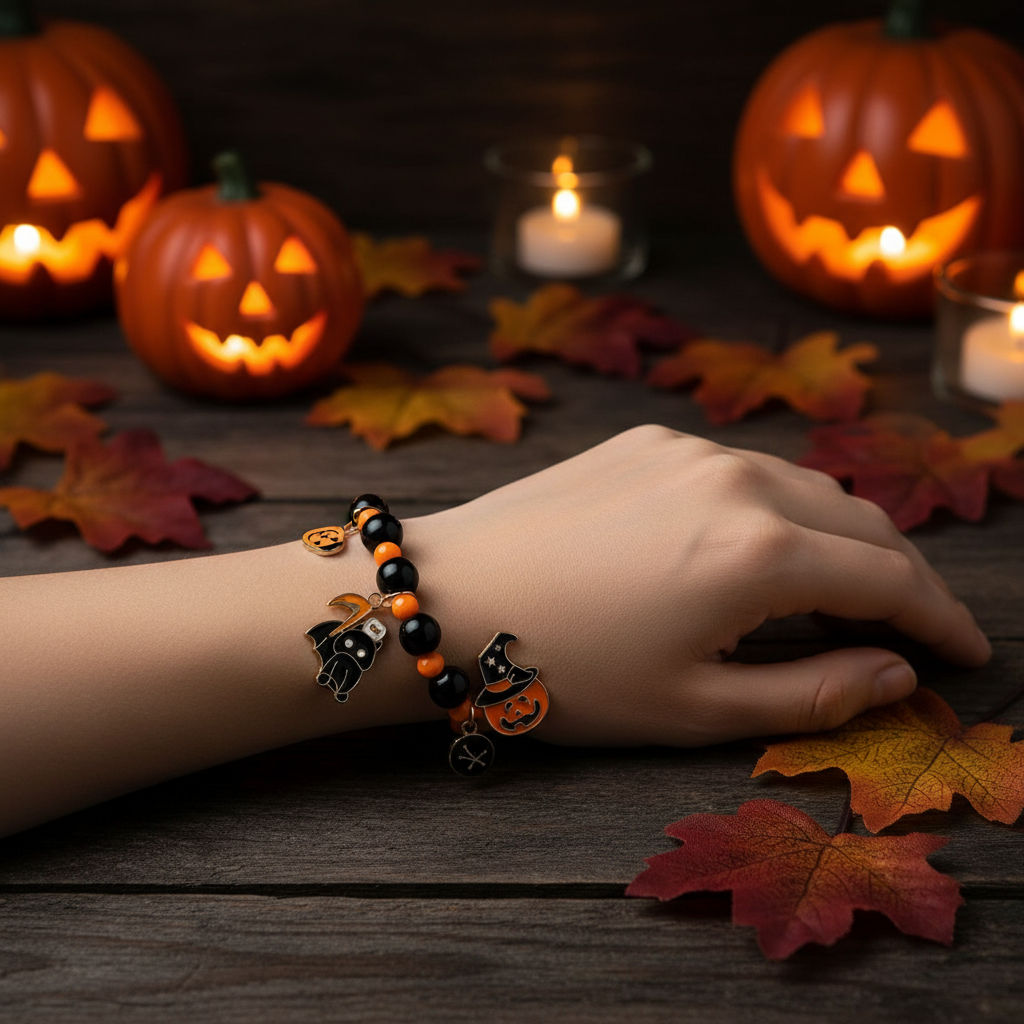 Halloween Charm Beaded Bracelet Set – Spooky Elastic Beaded Stretch Bracelets with Pumpkin, Ghost, Mummy & Reaper Charms (12-Piece Party Favors) HWBRC-1014