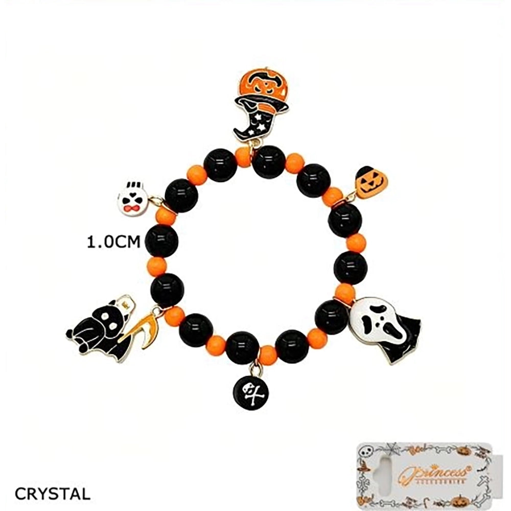 Halloween Charm Beaded Bracelet Set – Spooky Elastic Beaded Stretch Bracelets with Pumpkin, Ghost, Mummy & Reaper Charms (12-Piece Party Favors) HWBRC-1014