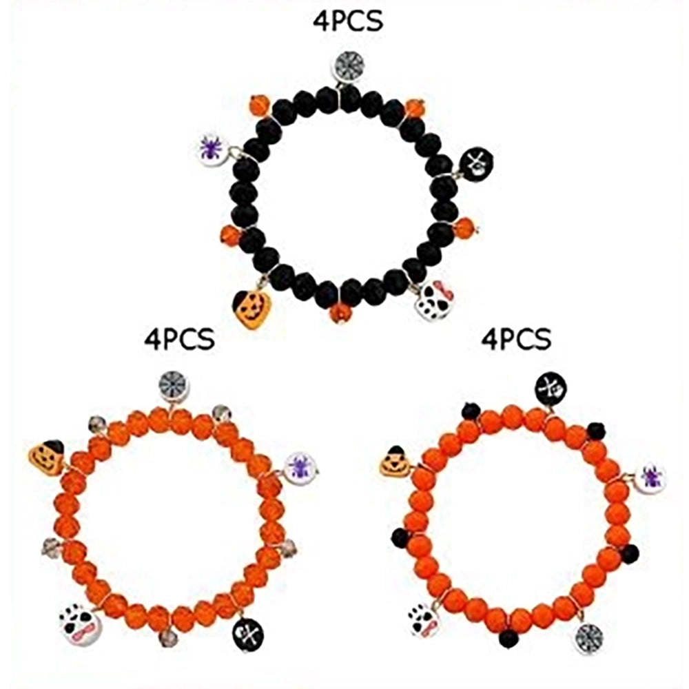12pcs Halloween Crystal Beaded Charm Bracelets for Kids & Adults – Spooky Elastic Stretch Bracelet Set (Pumpkins, Spiders, Skulls) (HWBRC-1015)
