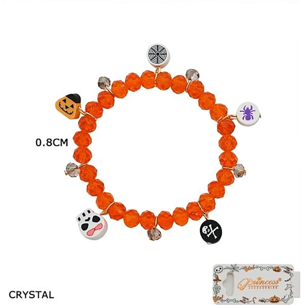 12pcs Halloween Crystal Beaded Charm Bracelets for Kids & Adults – Spooky Elastic Stretch Bracelet Set (Pumpkins, Spiders, Skulls) (HWBRC-1015)