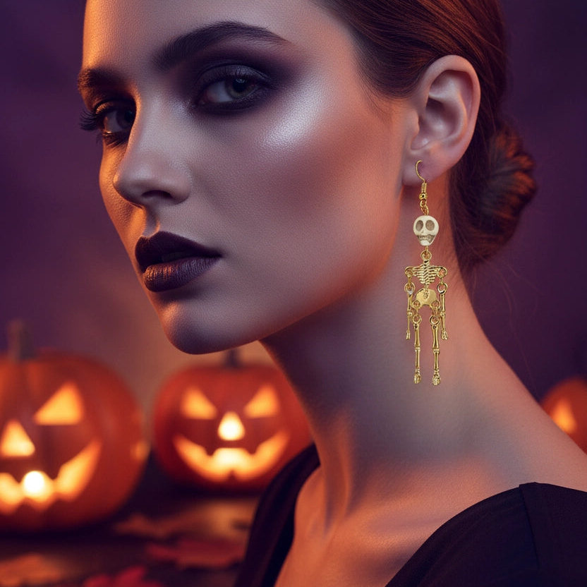 Gothic Skeleton Dangle Earrings – Spooky Halloween Skull Drop Earrings for Women & Cosplay Jewelry (HWE-1060)