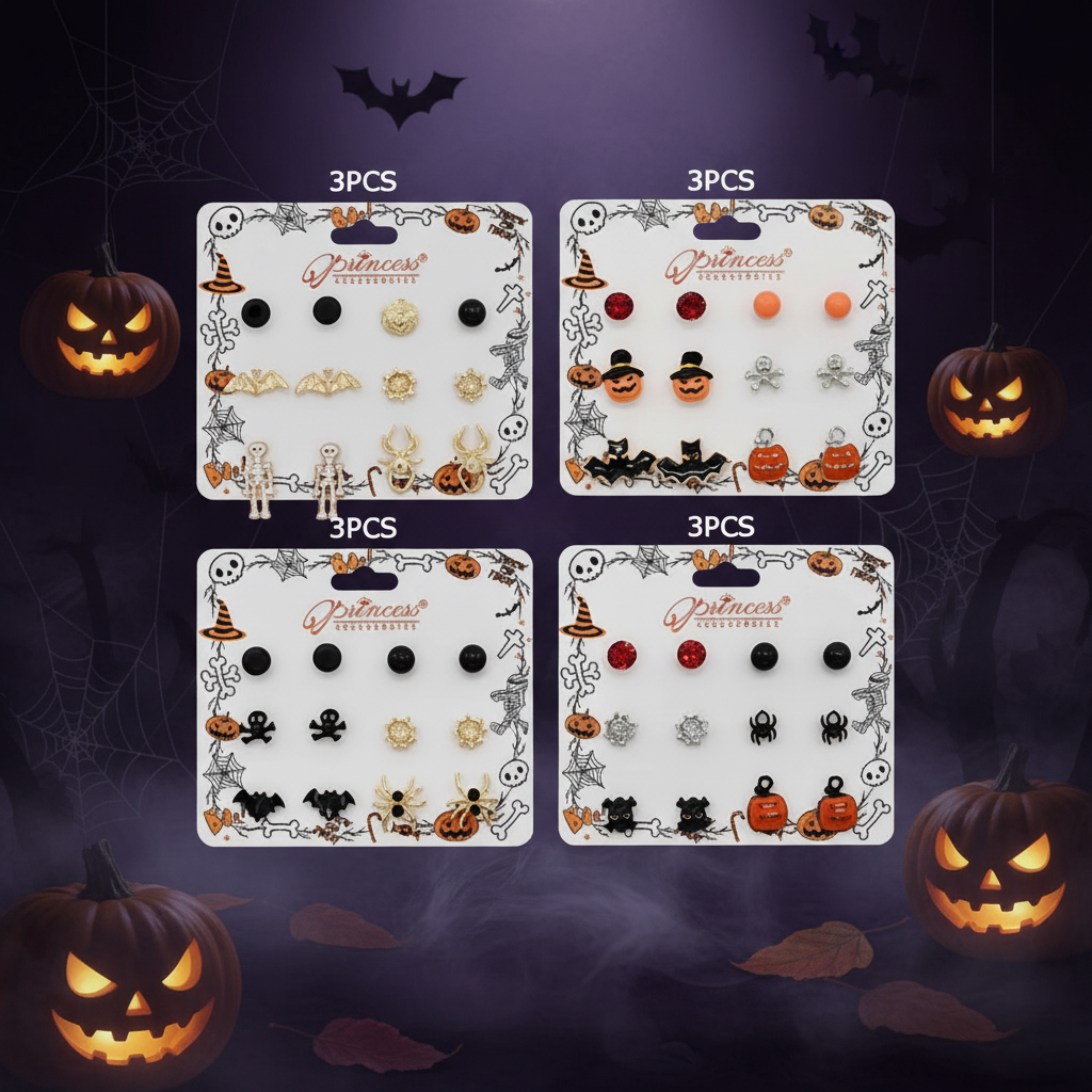Spooky Halloween Earring Set – Pumpkin, Bat, Skeleton, & Spider Studs (HWE-1074)