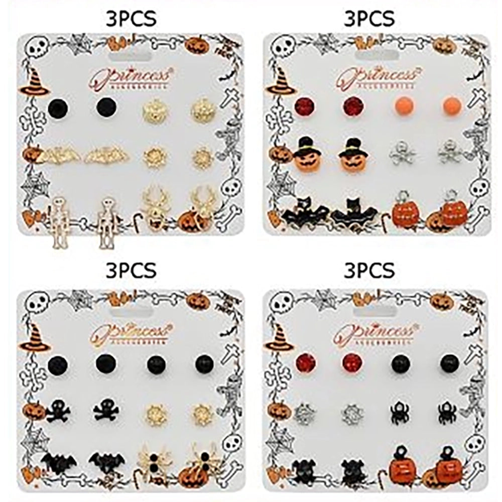 Spooky Halloween Earring Set – Pumpkin, Bat, Skeleton, & Spider Studs (HWE-1074)