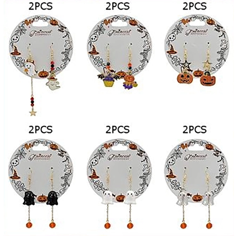 Cute Halloween Mismatched Ghost Drop Earrings – Spooky Asymmetrical Enamel & Crystal Dangle Jewelry Set (HWE-1075)