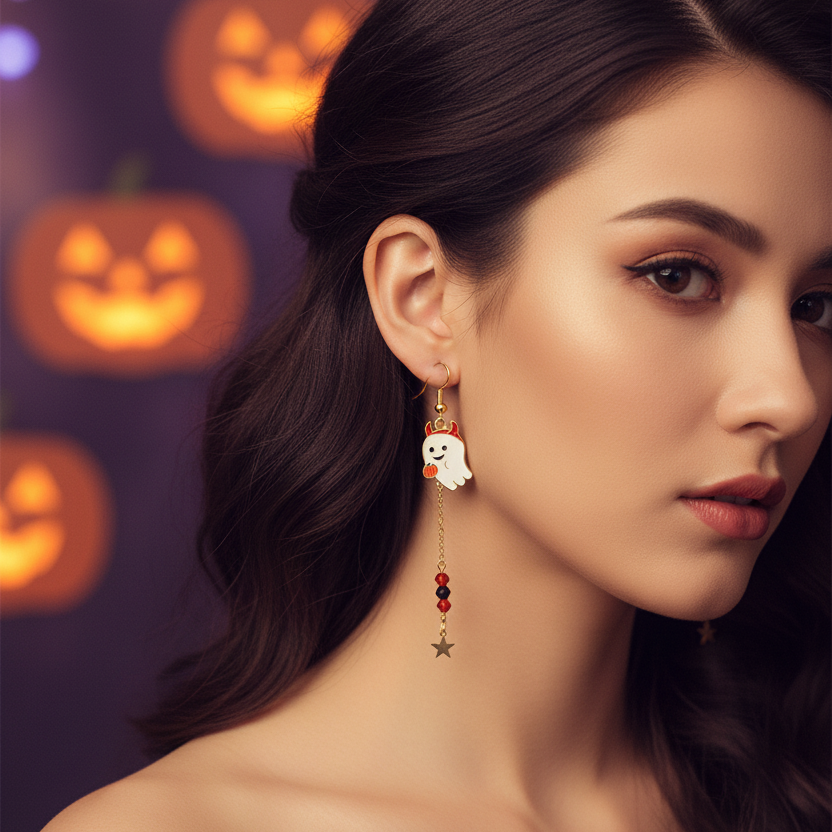 Cute Halloween Mismatched Ghost Drop Earrings – Spooky Asymmetrical Enamel & Crystal Dangle Jewelry Set (HWE-1075)