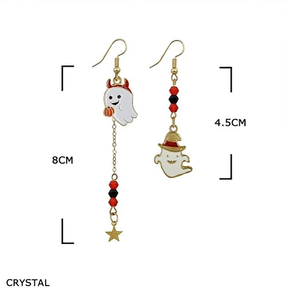 Cute Halloween Mismatched Ghost Drop Earrings – Spooky Asymmetrical Enamel & Crystal Dangle Jewelry Set (HWE-1075)