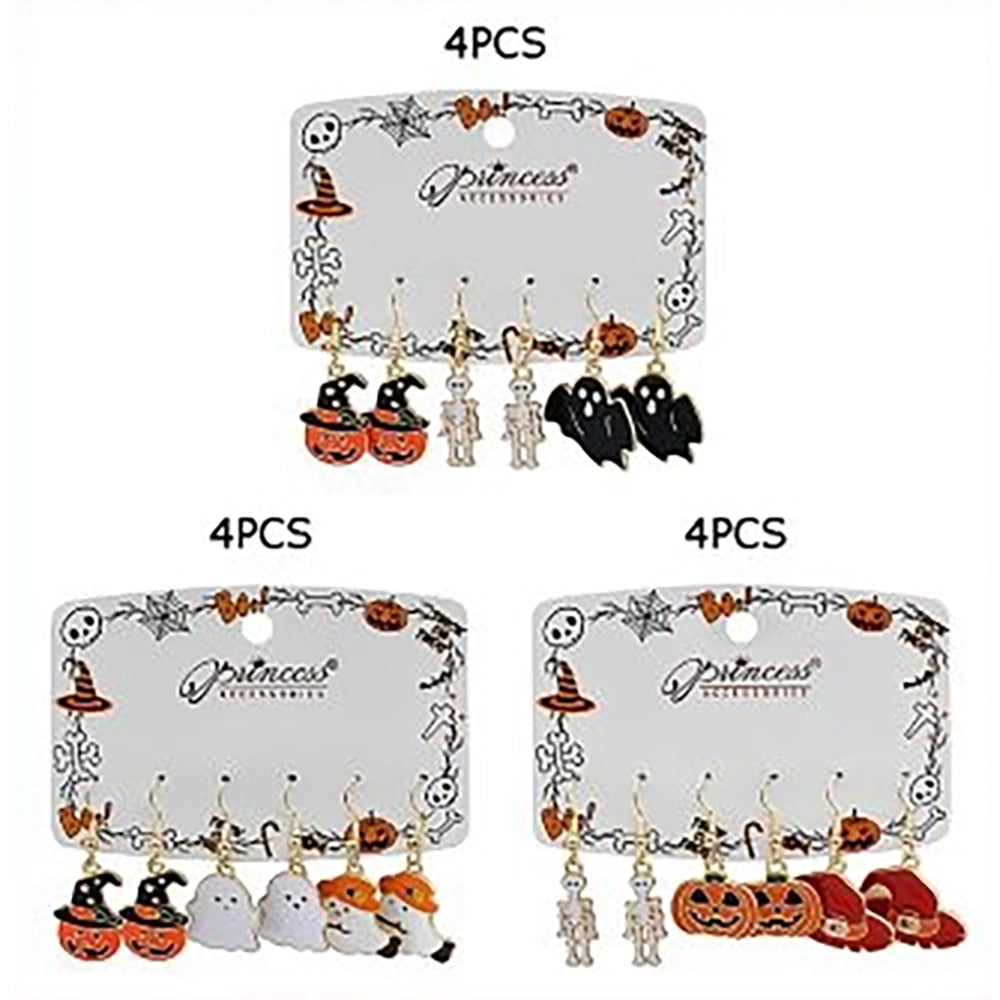 Halloween Dangle Earrings Set (3 Pairs) – Enamel Jack-o'-Lanterns, Skeletons, Ghosts & Witch Hats Festive Jewelry (HWE-1080)