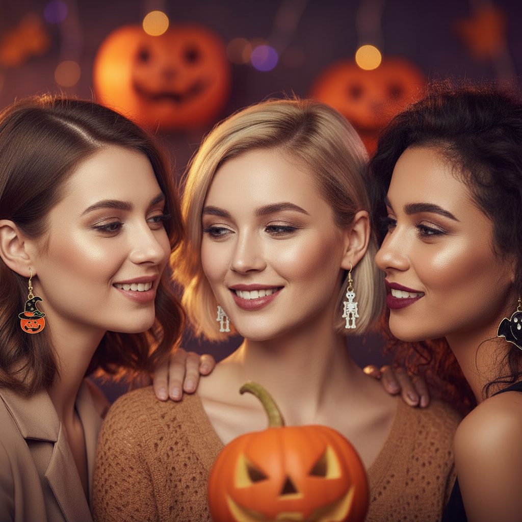 Halloween Dangle Earrings Set (3 Pairs) – Enamel Jack-o'-Lanterns, Skeletons, Ghosts & Witch Hats Festive Jewelry (HWE-1080)