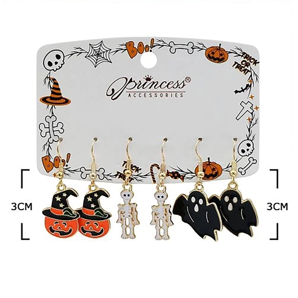 Halloween Dangle Earrings Set (3 Pairs) – Enamel Jack-o'-Lanterns, Skeletons, Ghosts & Witch Hats Festive Jewelry (HWE-1080)