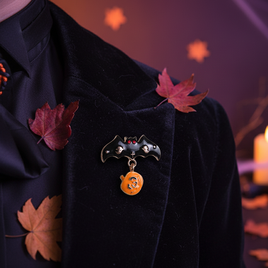 Spooky Halloween Enamel Pin Set – Bat & Pumpkin Dangle Brooch Pins for Costumes & Accessories (HWE-1081)