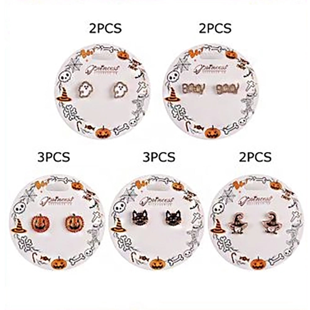 Spooky Halloween Stud Earrings Set – Rhinestone Pumpkin, Ghost, Bat & Witch Hat Jewelry Collection (1.5cm) (HWE-1082)