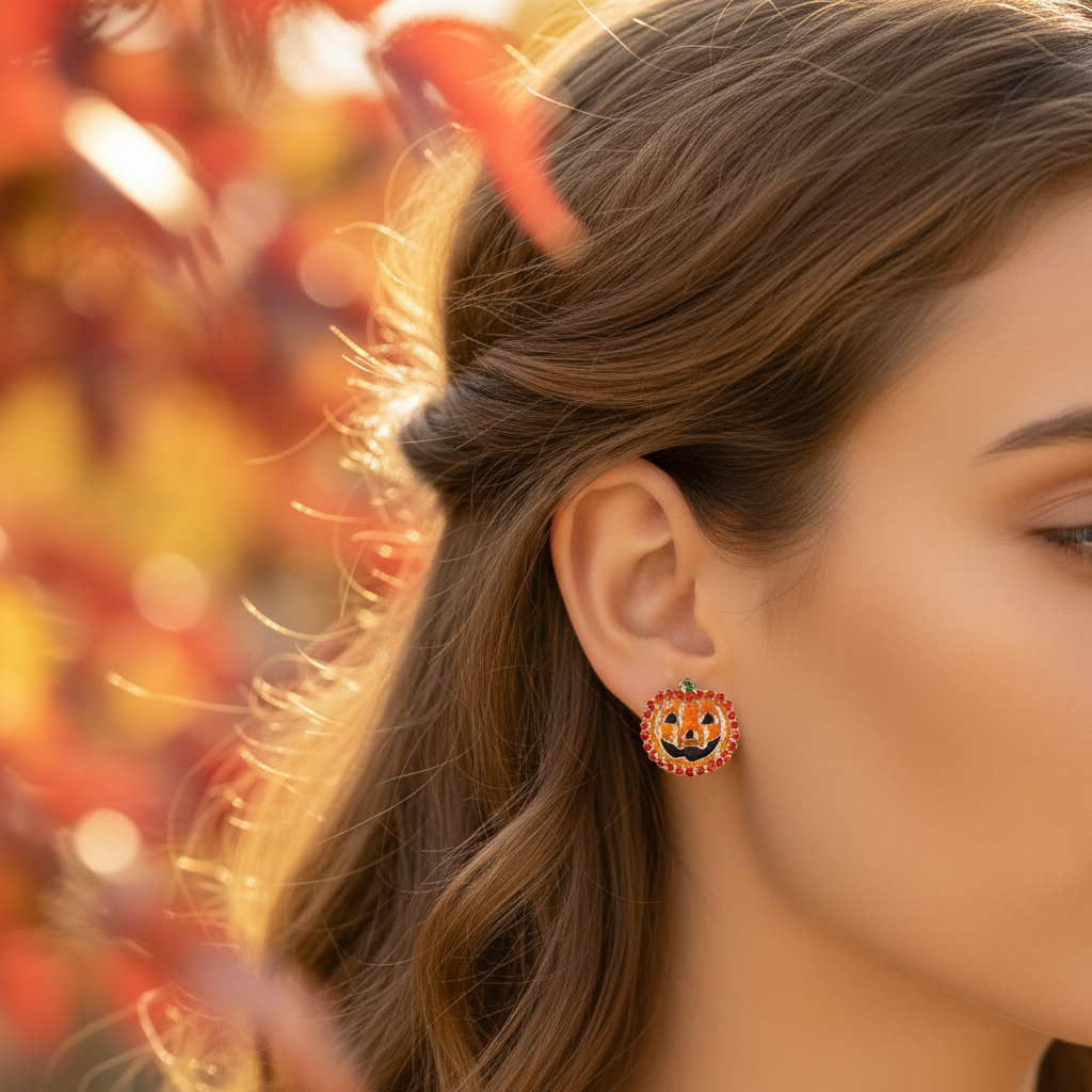 Spooky Halloween Stud Earrings Set – Rhinestone Pumpkin, Ghost, Bat & Witch Hat Jewelry Collection (1.5cm) (HWE-1082)