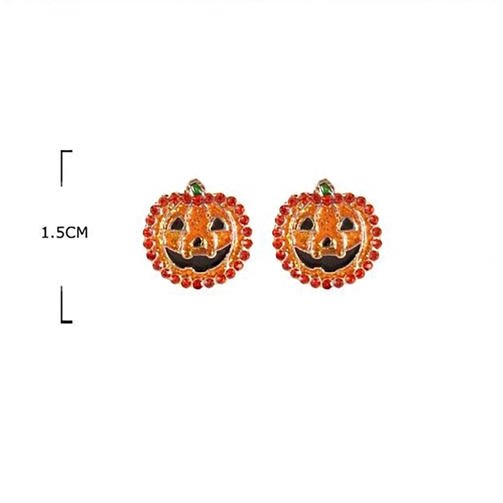 Spooky Halloween Stud Earrings Set – Rhinestone Pumpkin, Ghost, Bat & Witch Hat Jewelry Collection (1.5cm) (HWE-1082)