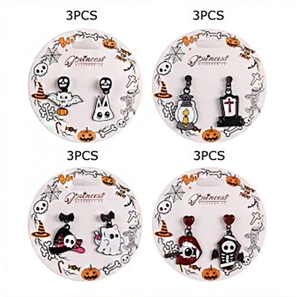 Cute Halloween Enamel Dangle Earrings Set – Spooky Ghost, Witch Hat, Skeleton & Tombstone Earrings for Women & Girls (3CM) (HWE-1083)