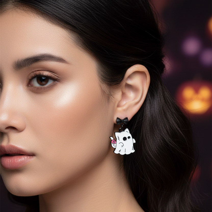 Cute Halloween Enamel Dangle Earrings Set – Spooky Ghost, Witch Hat, Skeleton & Tombstone Earrings for Women & Girls (3CM) (HWE-1083)
