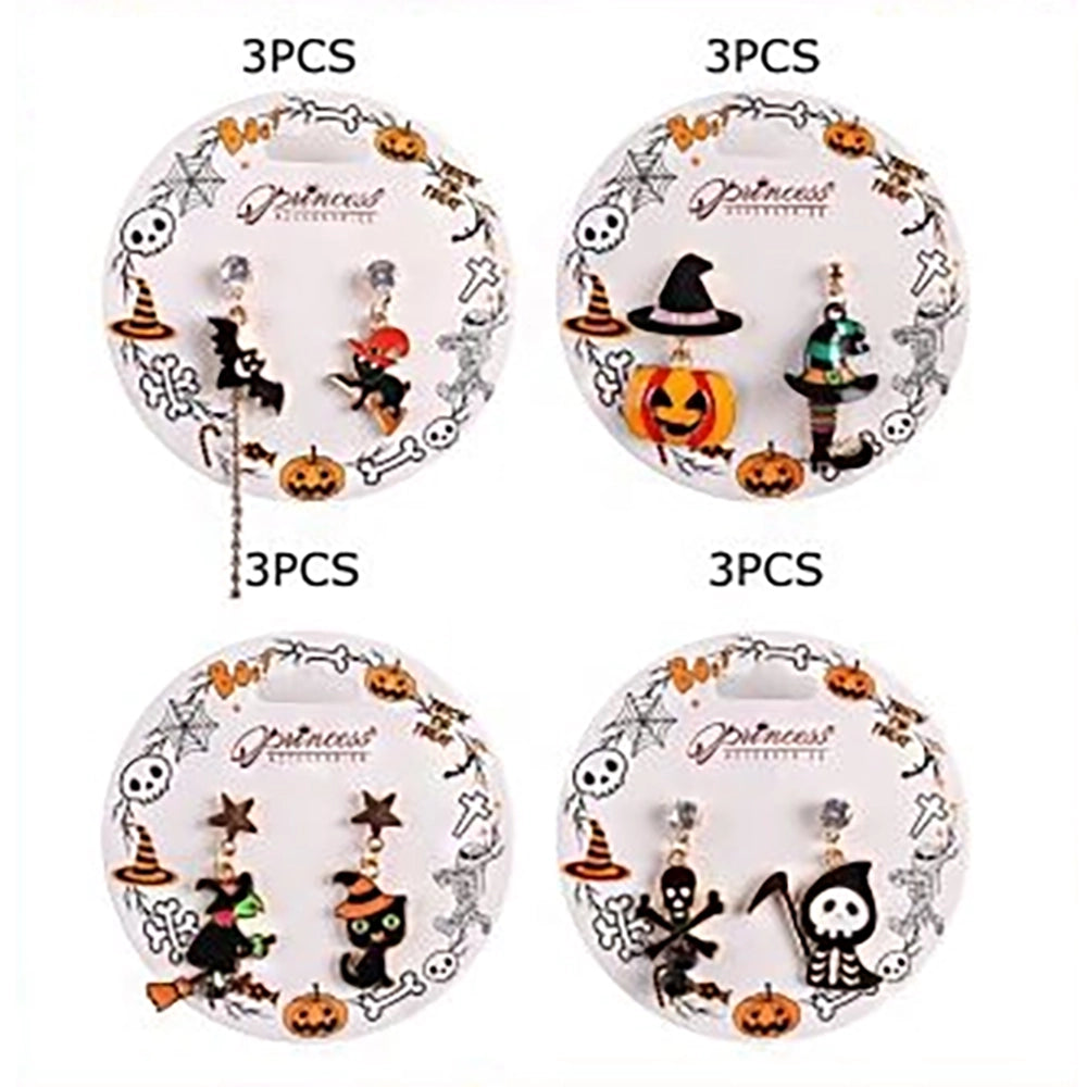 Cute Halloween Dangle Earrings Set – Mismatched Witch, Black Cat, Pumpkin & Skeleton Drop Earrings for Women & Girls (HWE-1084)